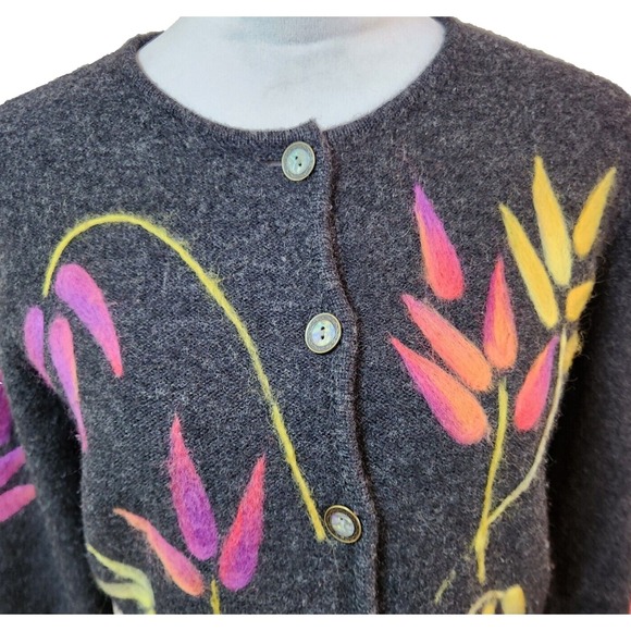 Vtg Talbots Womens Cardigan Sweater Sz Small Charcoal Gray Wool & Felt Leaf Top - Picture 6 of 16